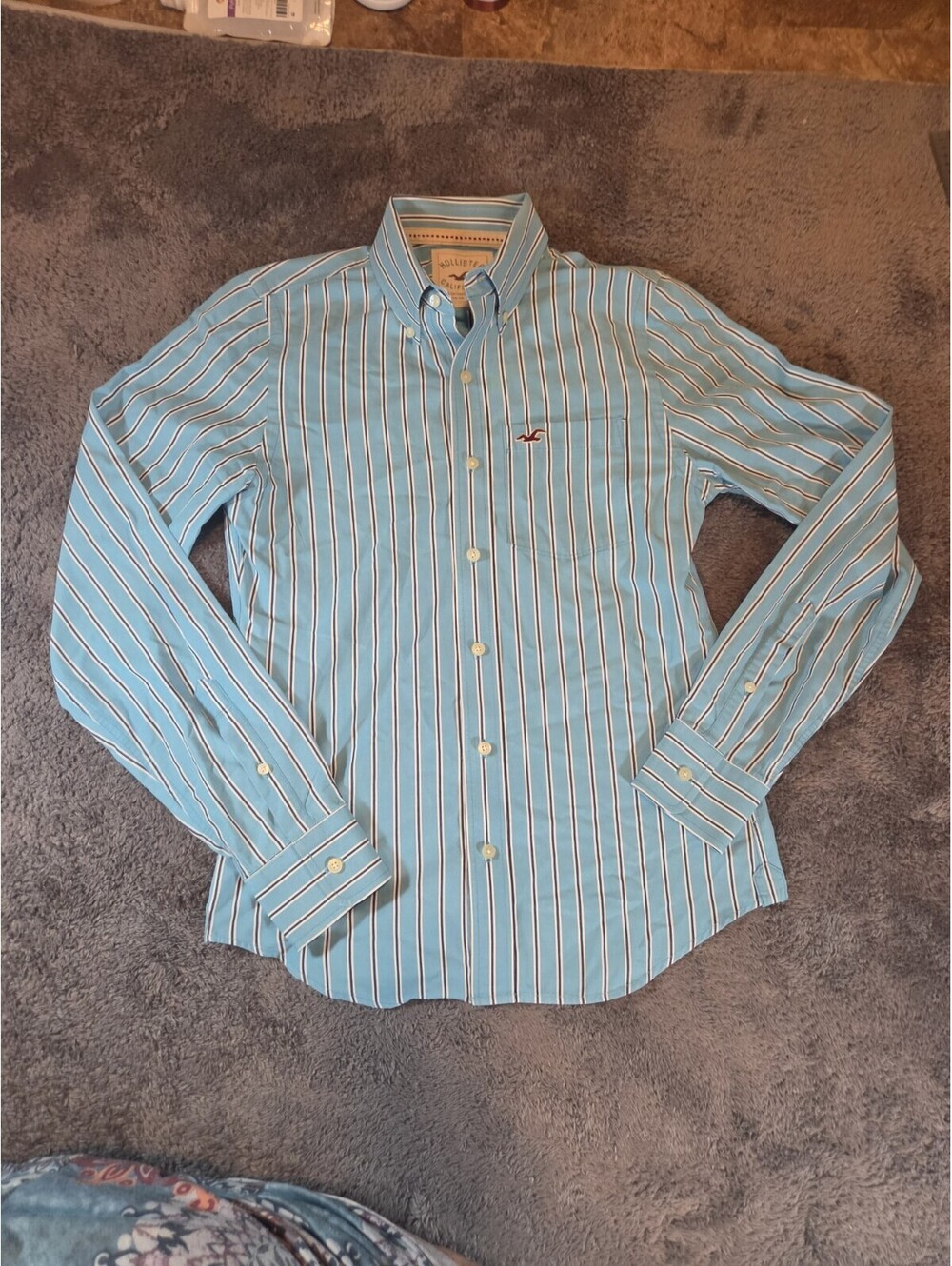 Hollister Mens S Blue Striped Button Down Shirt Heavyweight Cotton Logo